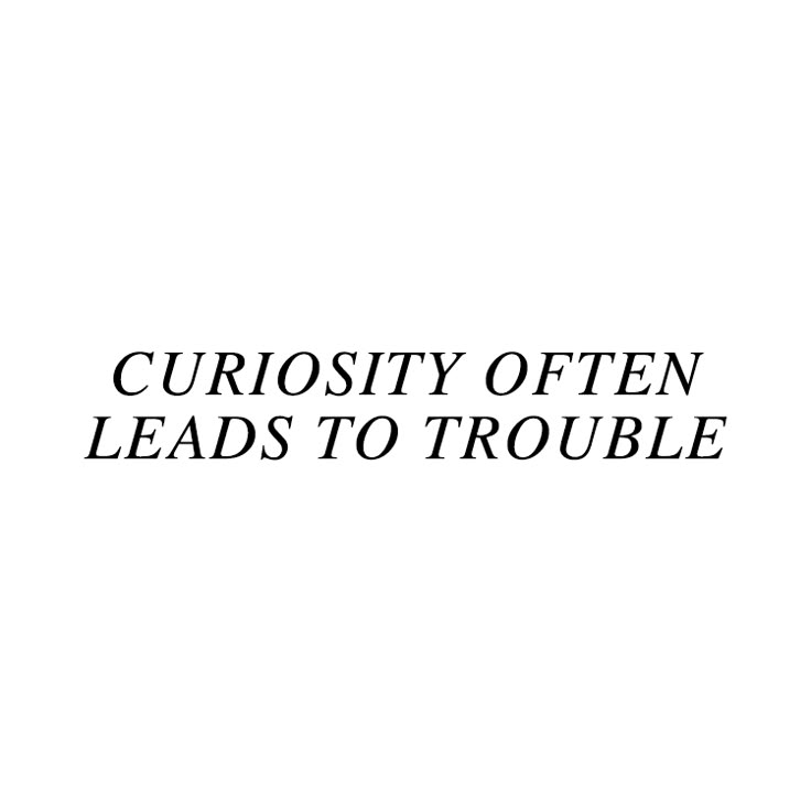 the words curiosity often leads to trouble are in black and white letters on a white background