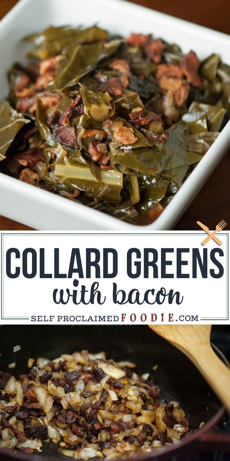 collard greens with bacon in a skillet on a wooden table next to a white bowl