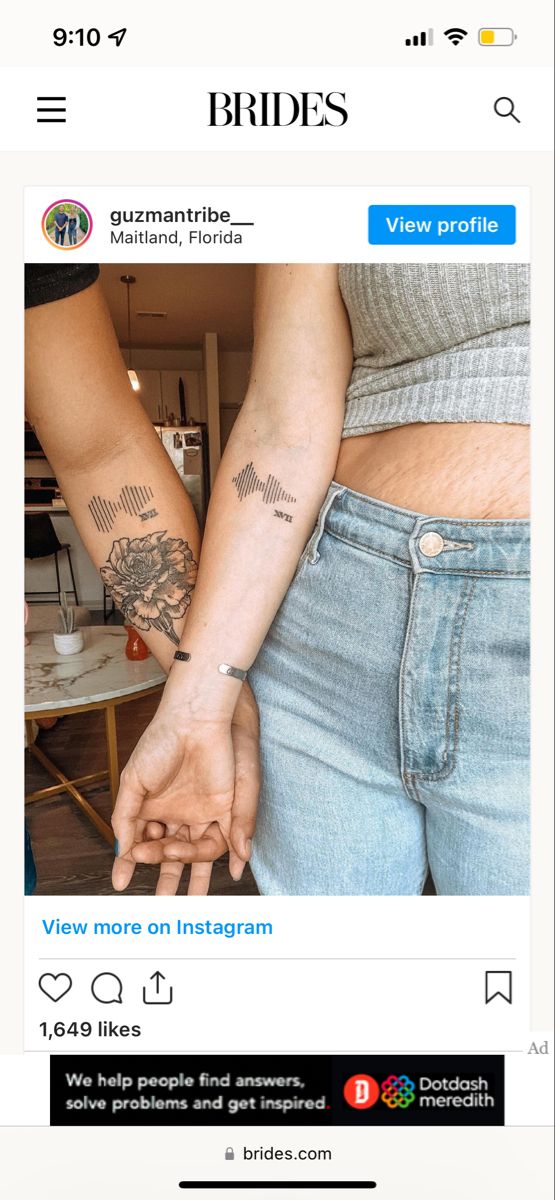 two people holding hands with tattoos on their arms and the words brides tattooed on them