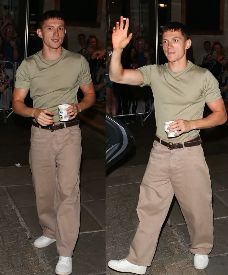 two pictures of a man in khaki pants waving and holding a coffee cup