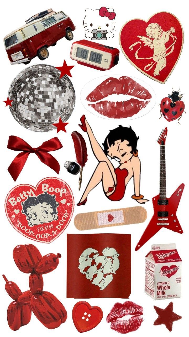 various stickers are arranged in the shape of hearts, lips, and other items