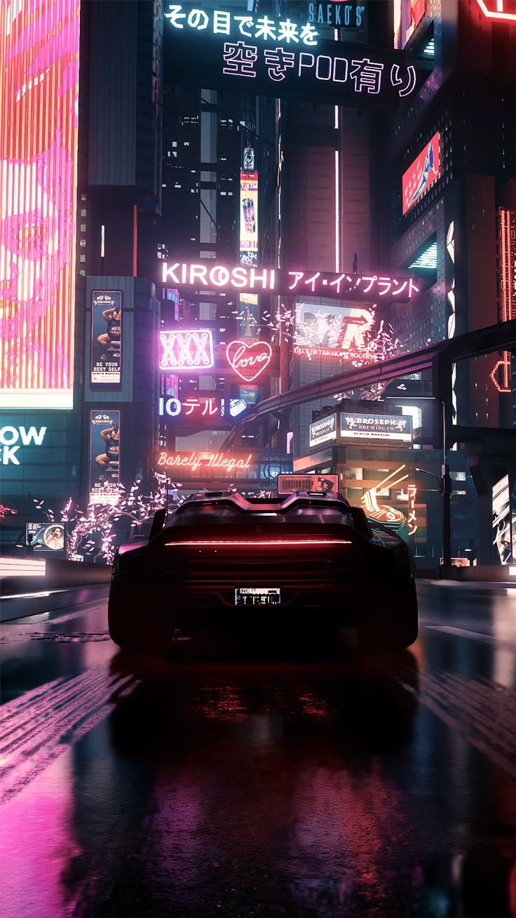 a car driving down a city street at night with neon signs on the buildings and billboards