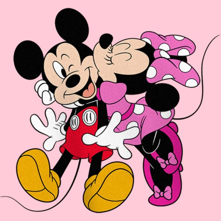 two mickey and minnie mouses hugging each other