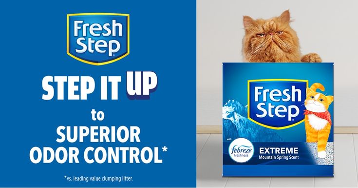 a cat sitting on top of a box with the caption fresh step to supervisor odor control