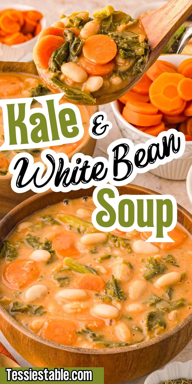 kale and white bean soup in a wooden bowl with carrots on the side