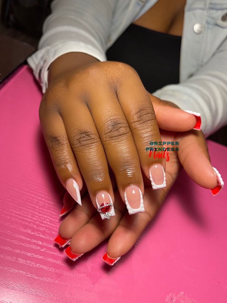 Nail Designs With Red Bottoms, Acrylic Nail Designs Short French Tip, Cute Short Red Nail Designs, Red Under Acrylic Nails, Red Tip Gel Nails, Red And White Nails Black Women, Red Bottom French Tip Acrylic Nails, Custom French Tip Nails, White And Red Nails Acrylic Short