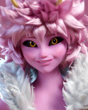 a close up of a doll with pink hair and horns