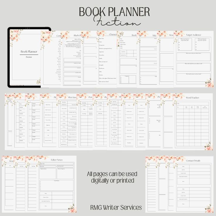 the printable book planner is shown in three different colors and sizes, with flowers on each