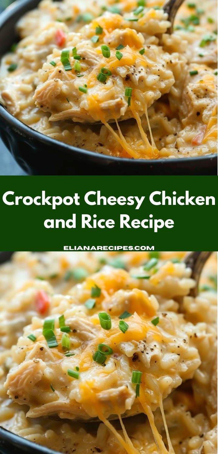 crockpot cheesy chicken and rice recipe in a black bowl with a spoon