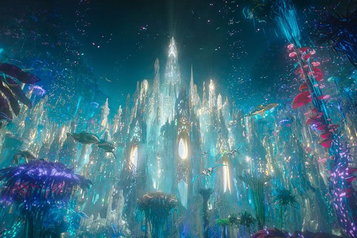 a futuristic city surrounded by trees and plants in the middle of an animated scene with blue lights