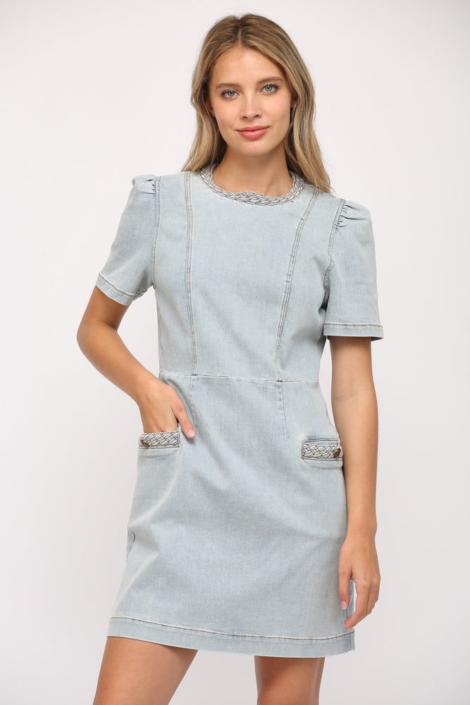 A flirty and fab mini dress, woven with love and denim. This sassy number features braided details and a washed finish, serving up all the playful vibes. Because who said denim can't be fun? 68%COTTON 30%POLY 2%SPAN Denim Mini Dress With Frayed Hem, Mini Denim Dress With Frayed Hem, Medium Wash Mini Dress With Frayed Hem, Trendy Light Wash Mini Dress With Short Sleeves, Light Wash Denim Mini Dress, Chic Denim Dress With Frayed Hem In Mini Length, Chic Denim Mini Dress With Frayed Hem, Trendy Light Wash Short Sleeve Mini Dress, Trendy Short Sleeve Light Wash Mini Dress