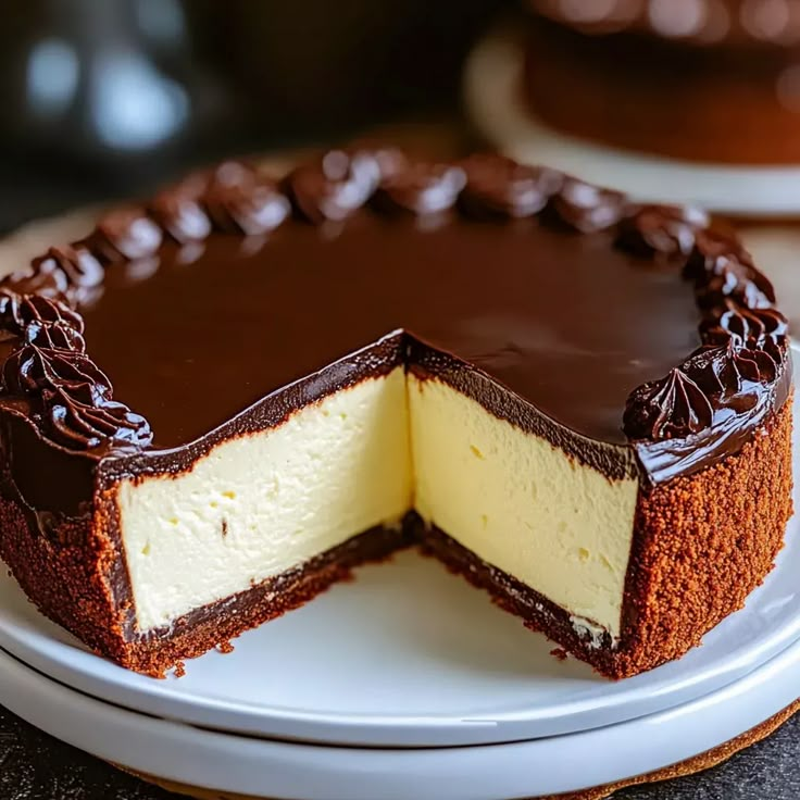 a chocolate and white cheesecake on a plate