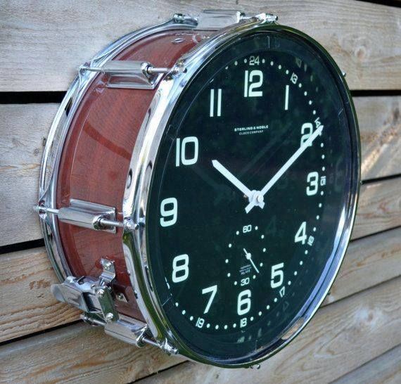 a clock mounted to the side of a wooden wall