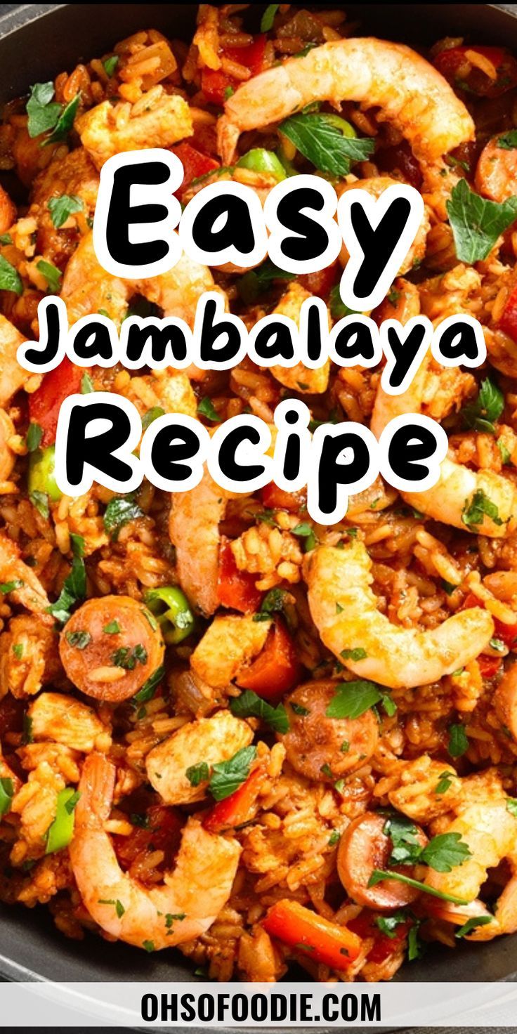 Text reads Easy Jambalaya Recipe Stovetop Jambalaya, Quick Jambalaya Recipe, Jambalaya Rice Recipe, Seafood Jambalaya Recipe, Authentic Jambalaya Recipe, Jumbolia Recipes, Recipe For Jambalaya, Jambalaya Recipe Crockpot, Easy Jambalaya Recipe