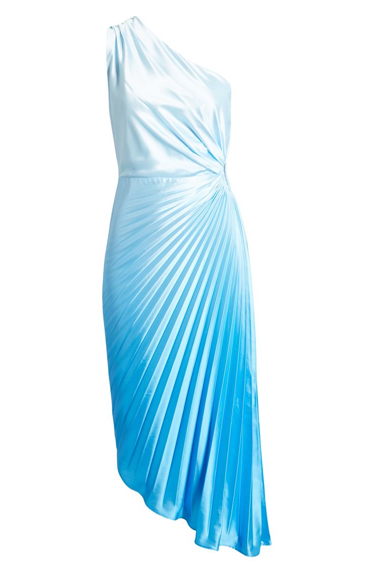 An asymmetric silhouette topped by a single shoulder brings bold flair to this pleated dress featuring a side cutout and ombré palette. 42" to 52" length (size Medium) Hidden side-zip closure One-shoulder neck Sleeveless Lined 95% polyester, 5% spandex Dry clean or hand wash, dry flat Imported Sleeveless Gradient Evening Dresses, Evening Sleeveless Gradient Dress, Sleeveless Gradient Dress For Evening, Elegant Ombre Cocktail Dress, Chic Gradient Color Dress For Party, Chic Gradient Dress For Party, Chic Gradient Color Party Dress, Ombre Sleeveless Evening Dress, Elegant Ombre Sleeveless Dress