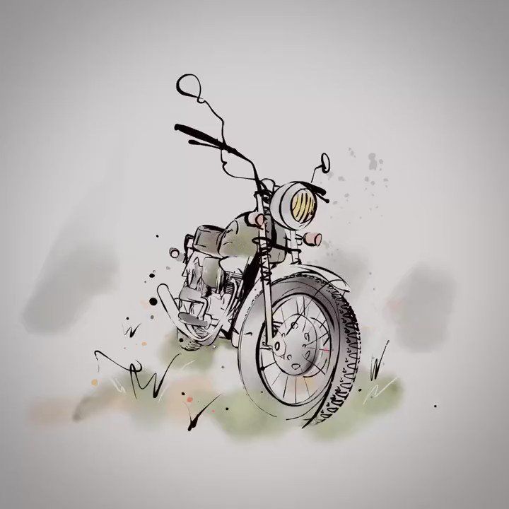 a drawing of a motorcycle on a white background with watercolor splashes around it