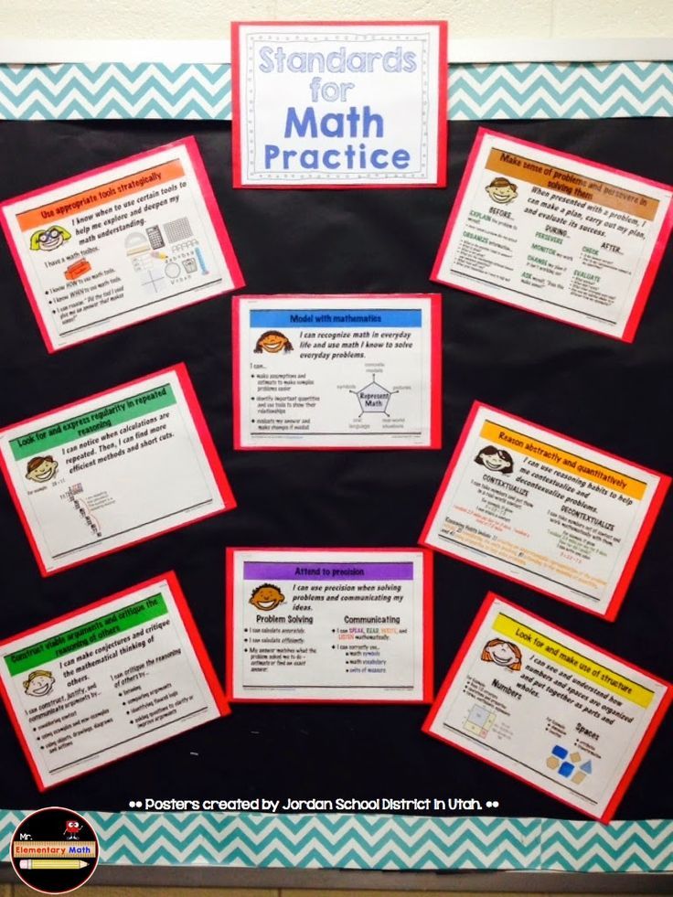 a bulletin board with several different types of posters on it and the words standards for math practice