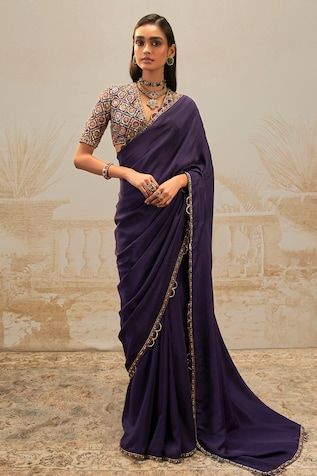 Purple saree with multicolor thread, pearl, cutdana embroidered border. Paired with petticoat and sequin, bead, embroidered padded blouse. - Aza Fashions Purple Sari, Red Sari, Ridhi Mehra, Purple Saree, Embroidered Crop Tops, Beaded Neckline, Purple Blouse, Purple Hues, Bollywood Fashion