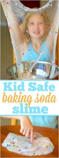 a kid is baking soda slime in the kitchen