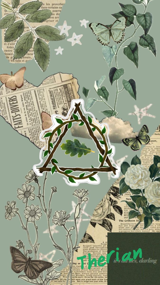 the triangle is surrounded by flowers and butterflies on top of an old book with green leaves