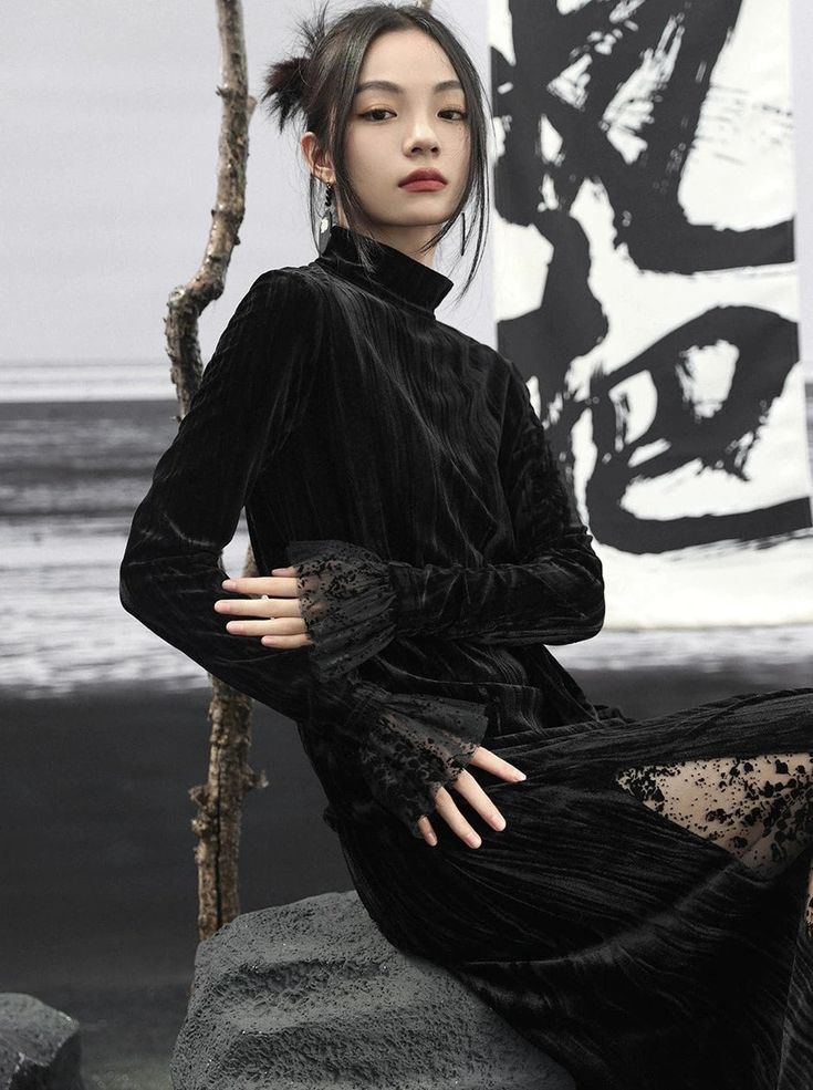 ❤︎Retro velvet splicing mesh slim black long dress❤︎