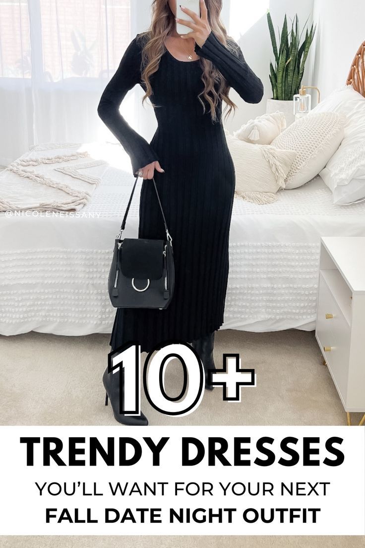 trendy fall dresses for women fall date night outfits Non-stretch Maxi Length Dress For Date Night, Stretch Full-length Dress For Date Night, Black Stretch Sweater Dress For Date Night, Trendy Non-stretch Dress For Date Night, Non-stretch Dress For Date Night In Fall, Trendy Date Night Outfit, Fall Dates, Cable Knit Turtleneck Sweater, Night Dress For Women