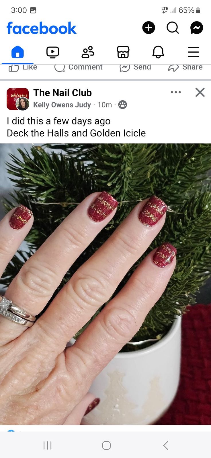 a woman's hand with red and gold nail polish on it, next to a potted plant