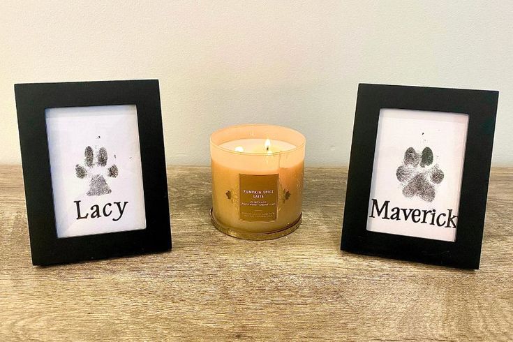 two framed pictures next to a lit candle on a wooden table with the words lacy and paw prints