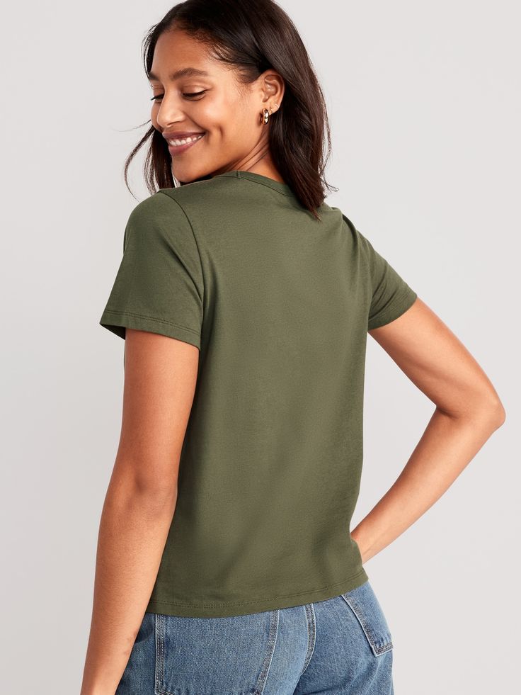 rib-knit v-neck short sleeves relaxed fit hits below waist models are approx.  5'9" and wear sizes s (size 4), l (size 12), and xl (size 18)Machine wash cold, tumble dry low.  cotton 100% Casual Green V-neck Short Sleeve Top, Casual Stretch V-neck Top With Short Sleeves, Relaxed Fit Cotton V-neck Top With Short Sleeves, Casual Everyday V-neck Top With Short Sleeves, Casual V-neck Plain Top, Cotton Stretch V-neck Short Sleeve Top, Solid Color Relaxed Fit Short Sleeve V-neck Top, Solid Color Relaxed Fit V-neck Short Sleeve Top, Relaxed Fit Solid Color V-neck Short Sleeve Top