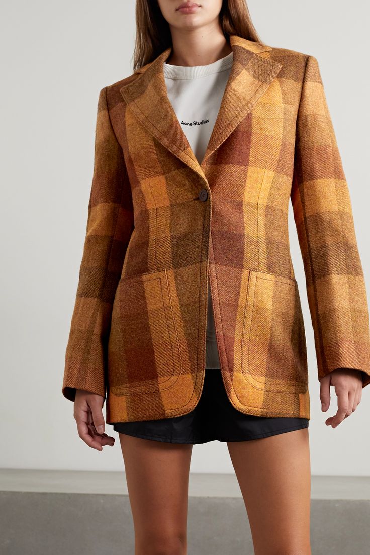 Designer Plaid Outerwear For Work, Designer Plaid Outerwear For Office, Designer Brown Wool Blazer, Plaid Wool Sport Coat For Fall, Plaid Notch Lapel Sport Coat For Fall, Fall Plaid Notch Lapel Sport Coat, Fall Plaid Sport Coat With Notch Lapel, Orange Single-breasted Blazer For Fall, Designer Wool Tweed Jacket For Fall