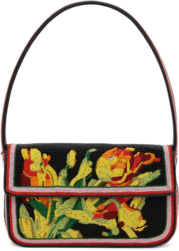 Hand-beaded shoulder bag in black. · Floral pattern and faux-leather trim throughout · Fixed shoulder strap · Beaded logo at back face · Patch pocket at back face · Magnetic press-stud flap · Zip pocket at interior · Satin lining · H6 x W10.25 x D2 Supplier color: Dreamy tulip Staud Rectangular Bag With Removable Pouch, Staud Rectangular Shoulder Bag With Detachable Strap, Staud Satchel Shoulder Bag For Evening, Designer Everyday Shoulder Bag By Staud, Designer Staud Shoulder Bag For Everyday Use, Staud Rectangular Evening Bag, Staud Rectangular Shoulder Bag With Detachable Handle, Staud Rectangular Shoulder Bag With Removable Pouch, Staud Black Shoulder Bag