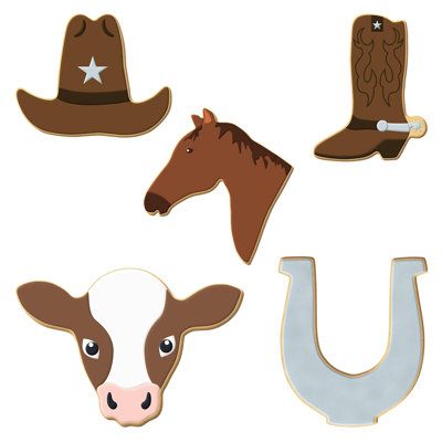 four farm animals with hats on their heads and the letter u in the shape of horseshoes