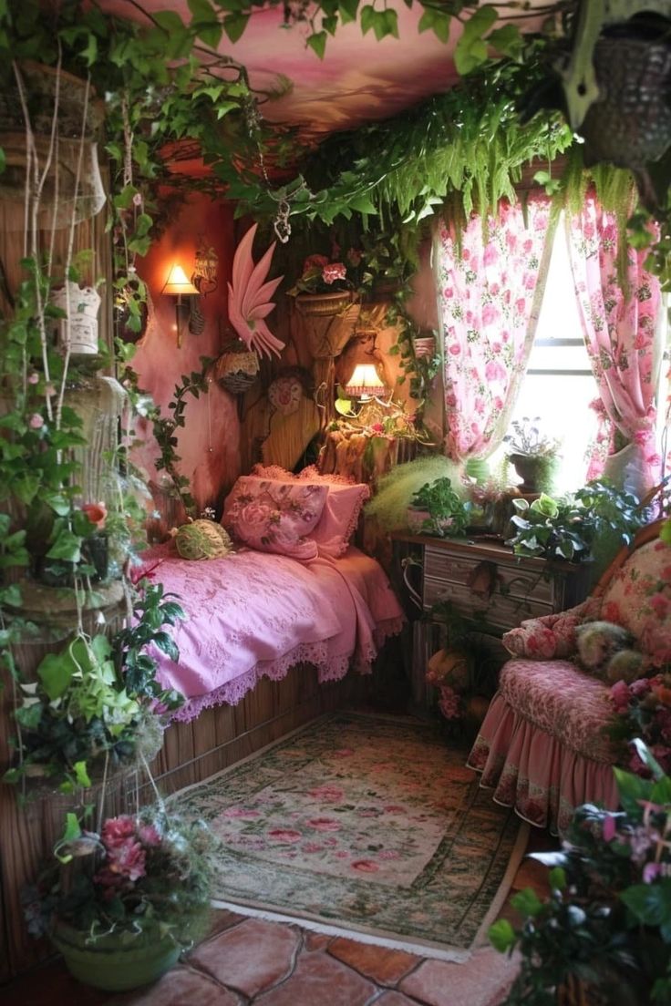 a room filled with lots of green plants and pink curtains on the windows sill