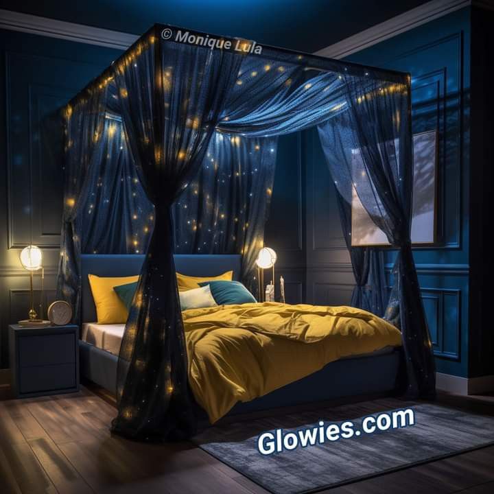 a canopy bed with lights on it in a room that has blue walls and wooden floors