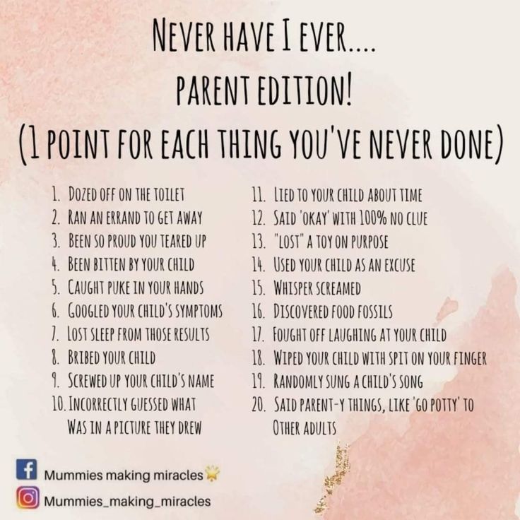 a poster with the words never have i ever parent edition 1 point for each thing you've never done