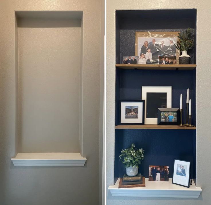 two shelves with pictures and other items on them next to each other in the same room