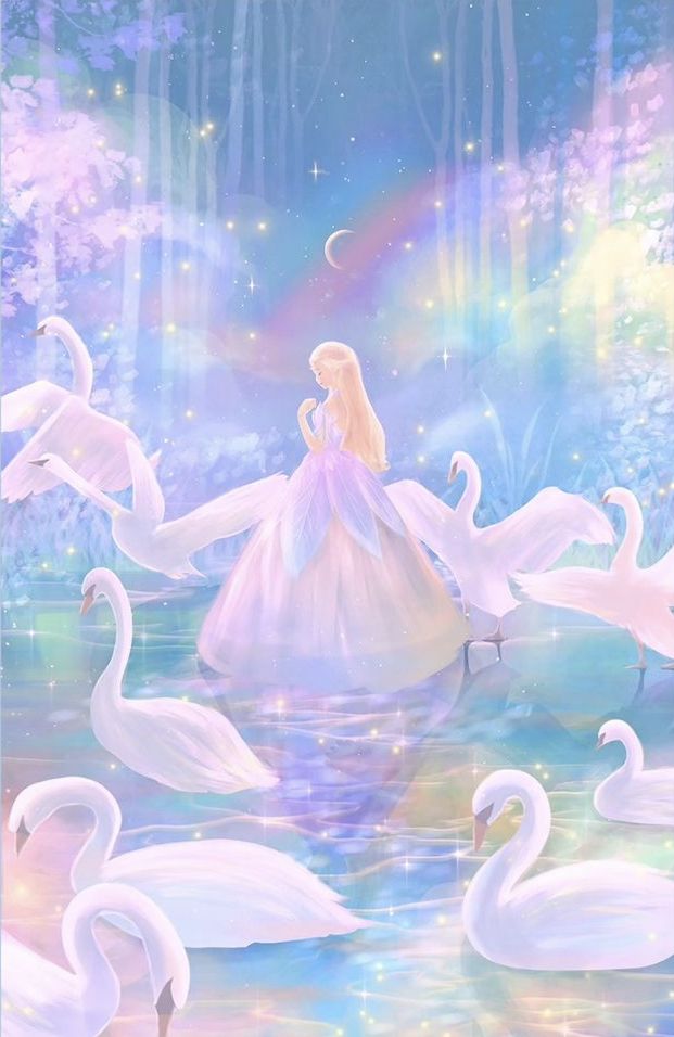 a painting of a princess surrounded by swans