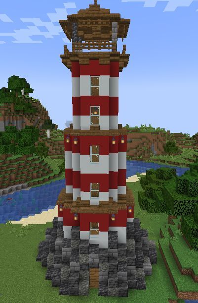 a large red and white lighthouse sitting on top of a lush green field next to a body of water