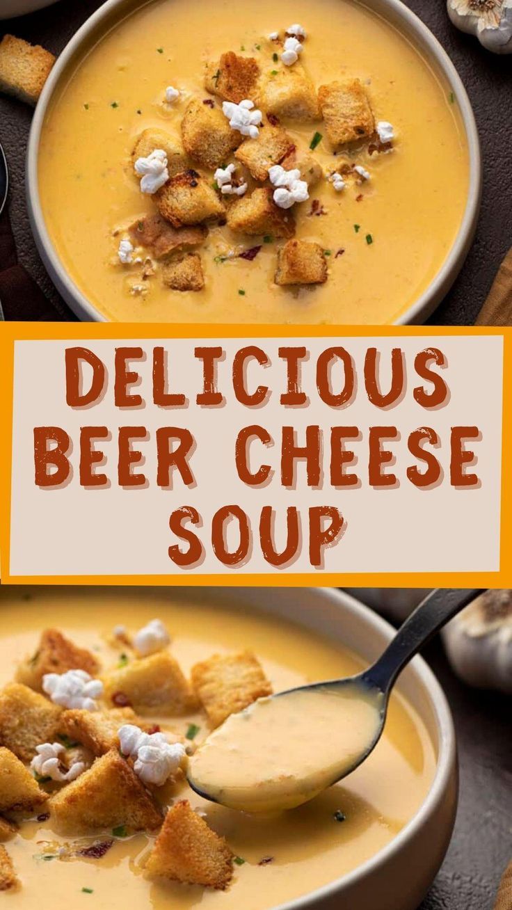 delicious beer cheese soup with bread croutons and cottage cheese