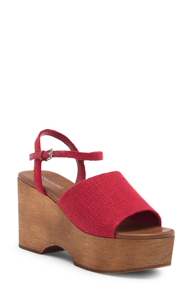 A chunky platform and wedge lend a delightfully retro vibe to this towering sandal secured with a slender ankle strap. 3 3/4" heel; 1 3/4" platform Adjustable ankle strap with buckle closure Textile upper/synthetic lining and sole Imported Red Platform Sandals With Block Heel, Red Ankle Strap Wedge Sandals With Removable Insole, Red Wedge Sandals With Heel And Ankle Strap, Red Open Toe Wedge Sandals With Buckle, Red Open Toe Wedge Sandals With Buckle Closure, Synthetic Wedge Sandals With Wooden Heel And Ankle Strap, Synthetic Ankle Strap Wedge Sandals With Wooden Heel, Deck Platform, Red Fits