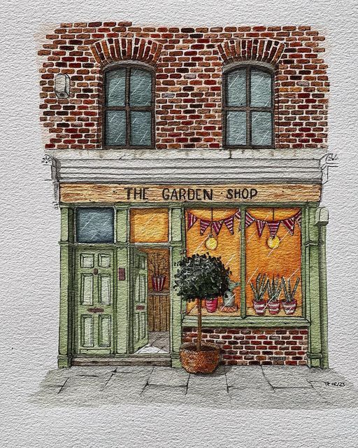 the garden shop is painted in watercolor on paper