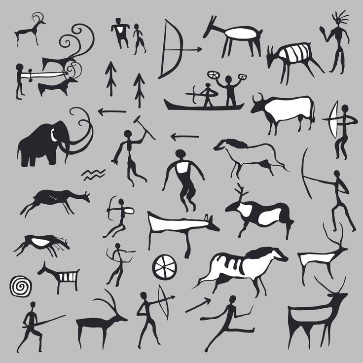 an image of some people and animals in the style of ancient paintings on gray paper