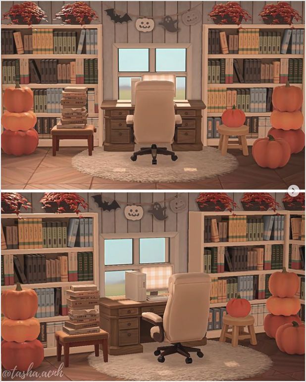 two pictures of an office with pumpkins on the desk and shelves full of books