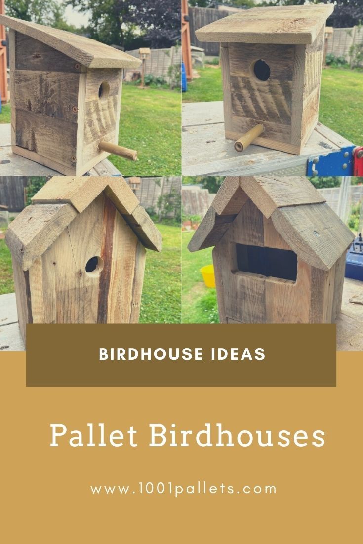 the birdhouse is made out of pallet wood