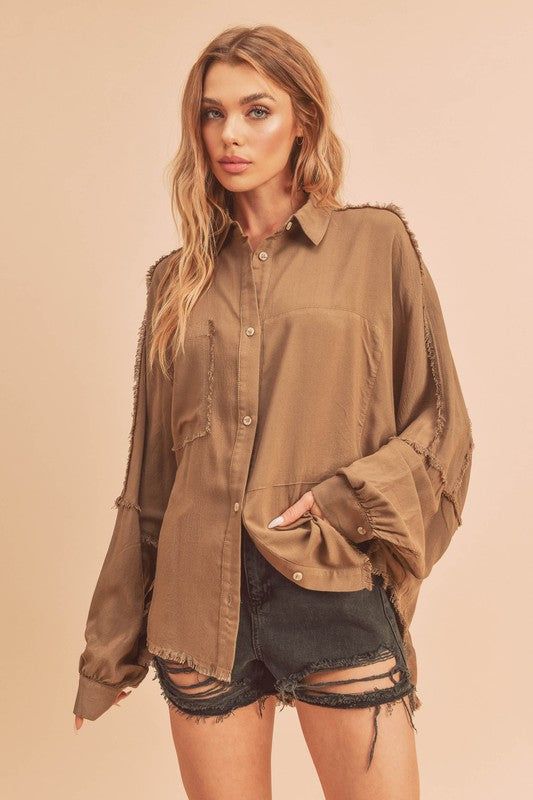 Delilah Button Down Shirt Flying Monkey Jeans, Judy Blue Jeans, Oversized Shirt, Print Pattern, Raw Edge, Long Sleeve Sweatshirts, Oversized Fits, Denim Dress, Mocha