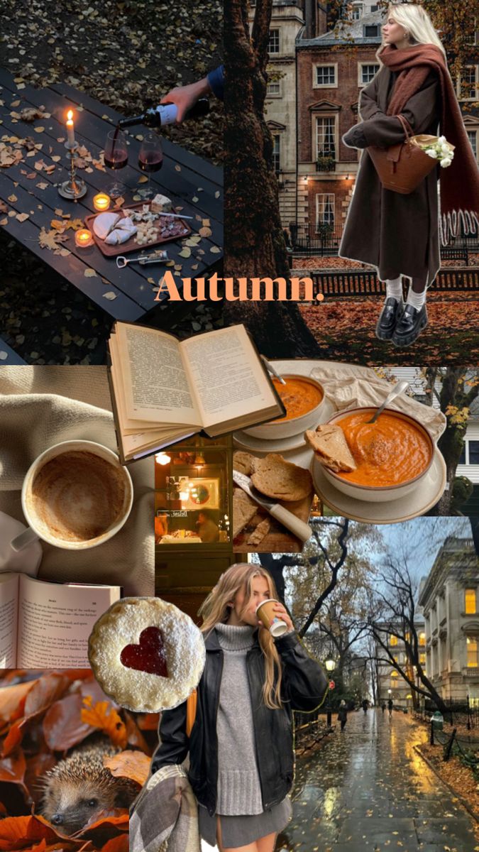 a collage of photos with autumn food and people in the background, including an open book