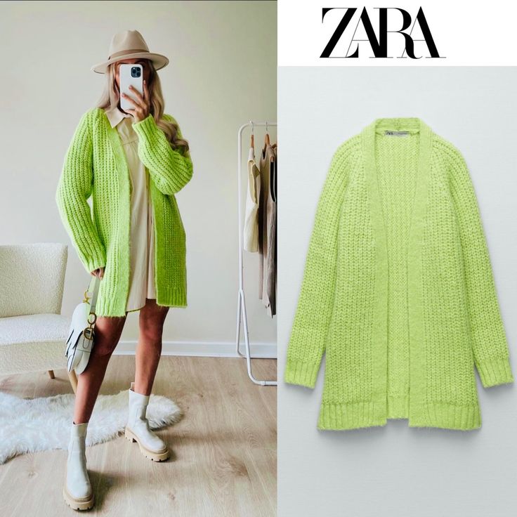 Open Front Cardigan With Long Sleeves Ribbed Trim Neon Green Casual Green Cable Knit Sweater Coat, Oversized Cable Knit Cardigan For Spring, Trendy Green Knit Sweater Coat, Zara Long Sleeve Cable Knit Outerwear, Oversized Zara Cardigan For Fall, Spring Cable Knit Cardigan, Zara Cozy Cable Knit Cardigan, Zara Long Sleeve Chunky Knit Cardigan, Zara Knit Sweater Coat For Fall