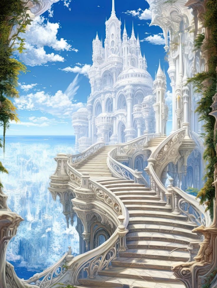 a staircase leading up to a castle in the sky