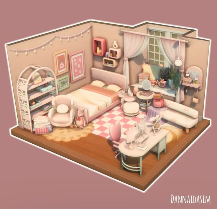 the room is decorated in pastel colors and has furniture, decor, and accessories