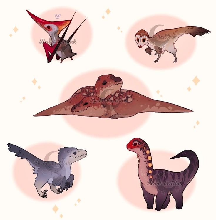 four different types of dinosaurs are depicted in this illustration